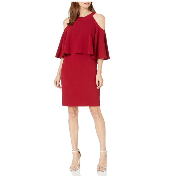 Adrianna Papell Women's Red Sexy Dress Cold Shoulder Sheath Crepe Black Cherry - Picture 1 of 15